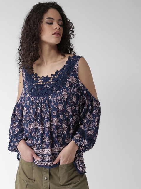 

FOREVER 21 Women Navy Printed Styled Back Top, Navy blue
