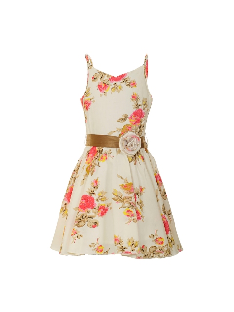 

naughty ninos Girls Beige Floral Print Fit & Flare Dress with Smocked Detail
