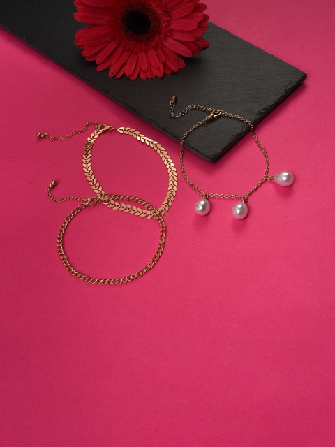 

SOHI Set Of 3 Gold-Plated White Pearl Studded Anklet