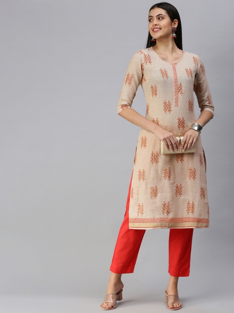

ETIQUETTE Women Beige & Orange Pure Cotton Ethnic Motifs Printed Block Print Kurta