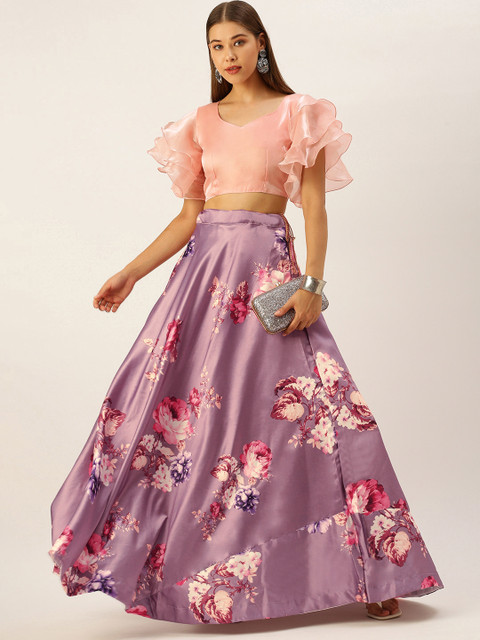 

LOOKNBOOK ART Purple & Peach-Coloured Floral Print Ready to Wear Fusion Lehenga & Choli