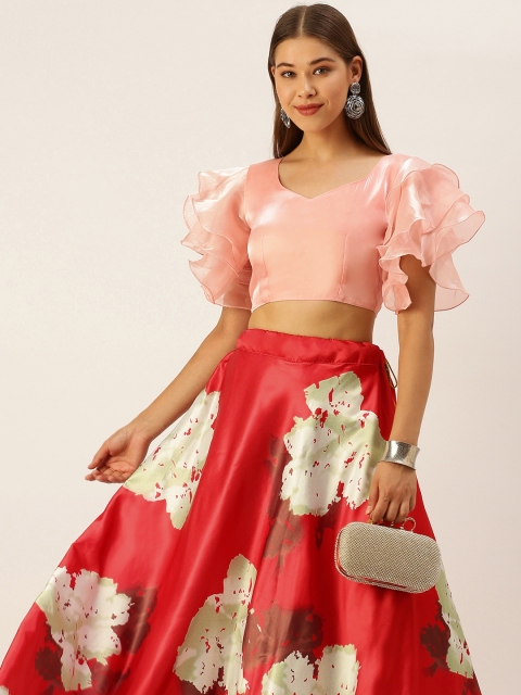 

LOOKNBOOK ART Red & Off White Floral Print Ready to Wear Fusion Lehenga & Choli