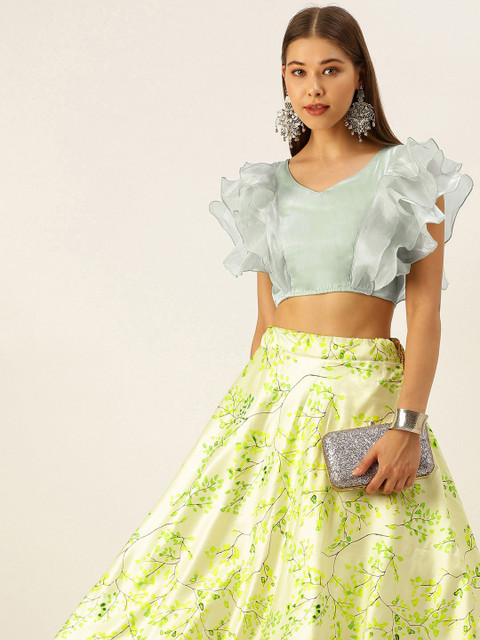 

LOOKNBOOK ART Green Satin With Floral Print Work Two Piece Lehenga