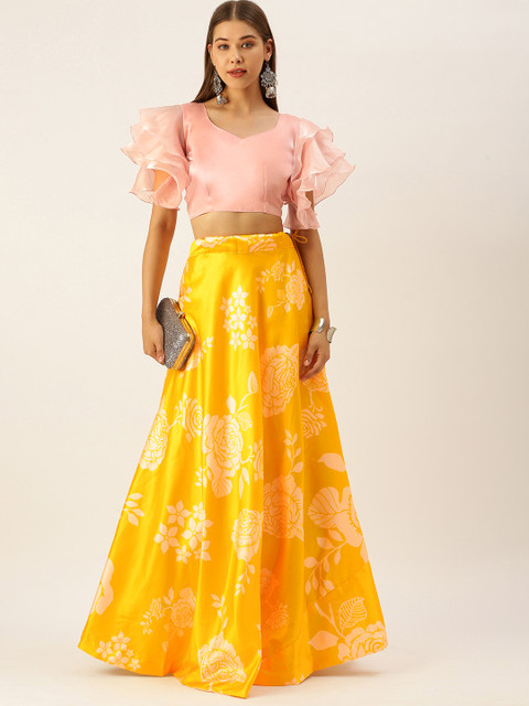 

LOOKNBOOK ART Yellow & Pink Satin With Floral Print Work Two Piece Lehenga