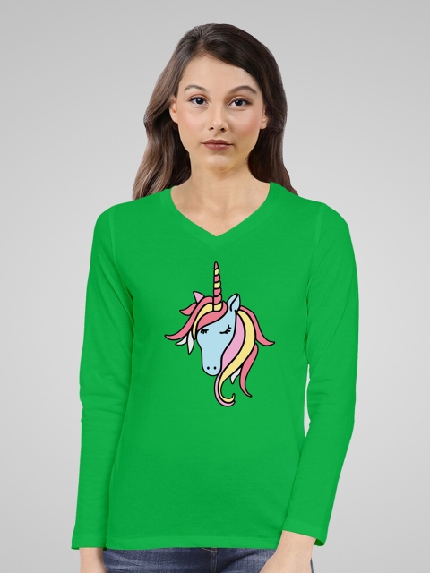 

Pootlu Women Green Printed V-Neck Applique T-shirt