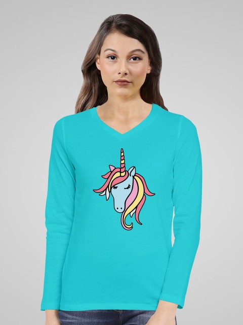 

Pootlu Women Blue Printed V-Neck Applique T-shirt