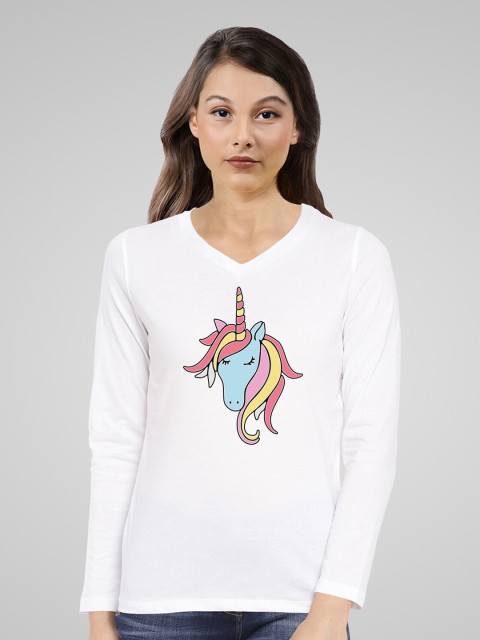 

Pootlu Women White Printed V-Neck Applique T-shirt