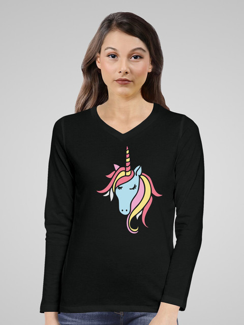 

Pootlu Women Black Printed V-Neck Applique T-shirt