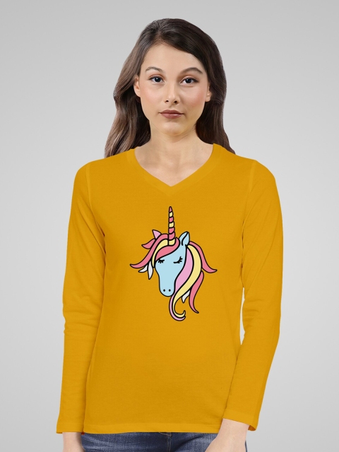 

Pootlu Women Yellow Printed V-Neck Applique T-shirt