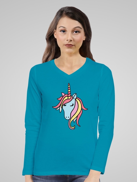 

Pootlu Women Turquoise Blue Printed V-Neck Applique T-shirt