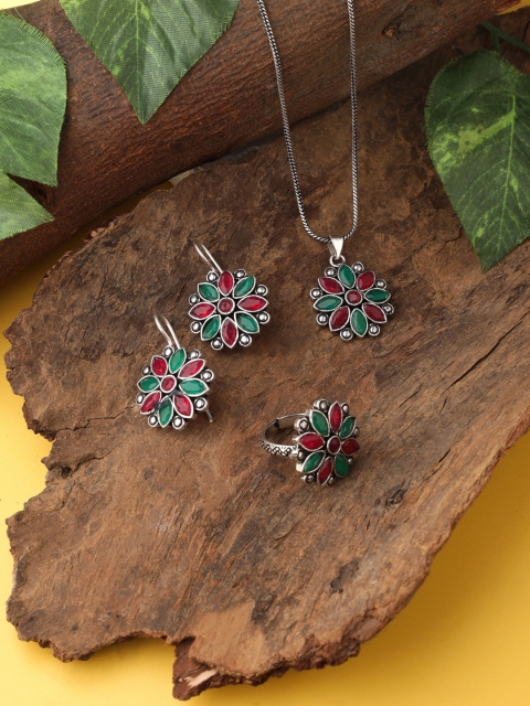 

VIRAASI Silver-Toned Oxidised Green & Pink Stone Studded Jewellery Set