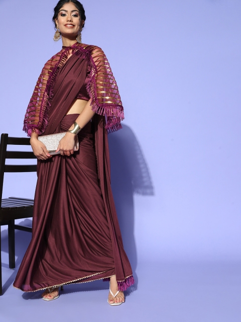 

Tikhi Imli Solid Satin Saree With Embellished Border, Burgundy