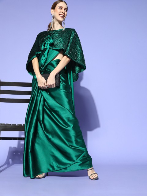 

Tikhi Imli Solid Satin Saree With Embellished Border, Green