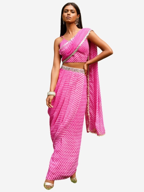 

Alaya By Stage3 Pink Leheriya Printed Chiffon Drape Crop Top