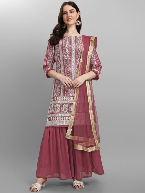 

JATRIQQ Women Rust & Mauve Embroidered Silk Georgette Semi-Stitched Dress Material