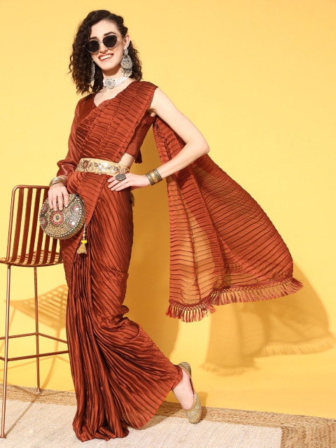 

Tikhi Imli Rust Brown Accordian Pleated Saree with Ethnic Belt