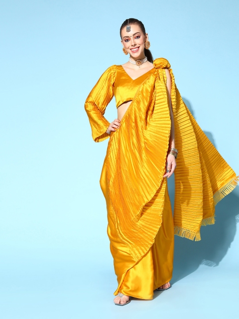 

Tikhi Imli Mustard Yellow Accordion Pleated Satin Saree