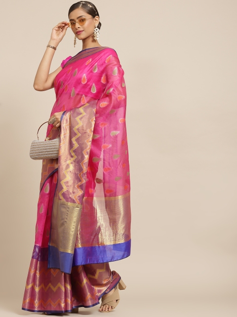 

Silk Land Pink & Green Zari Woven Design Pure Silk Banarasi Saree