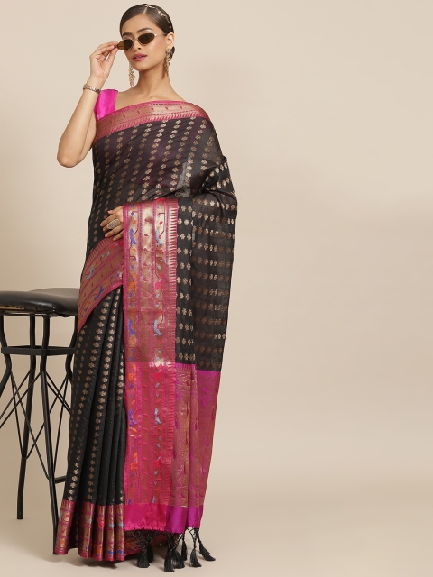 Silk Land Black & Pink Pure Cotton Ethnic Motifs Woven Design Zari Gadwal Saree