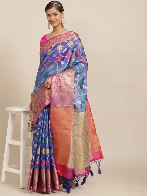 

Silk Land Blue & Pink Floral Woven Design Zari Pure Silk Ikat Saree