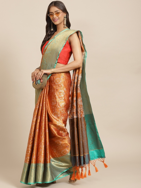 

Silk Land Orange & Green Ethnic Motifs Woven Design Zari Pure Silk Banarasi Saree