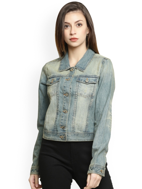 

250 DESIGNS Women Blue Washed Checked Crop Denim Jacket with Patchwork