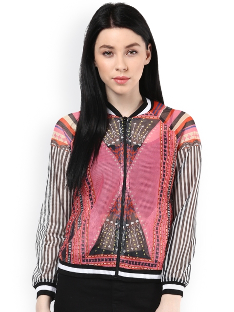 

AKKRITI BY PANTALOONS Pink & Black Mesh Bomber Jacket