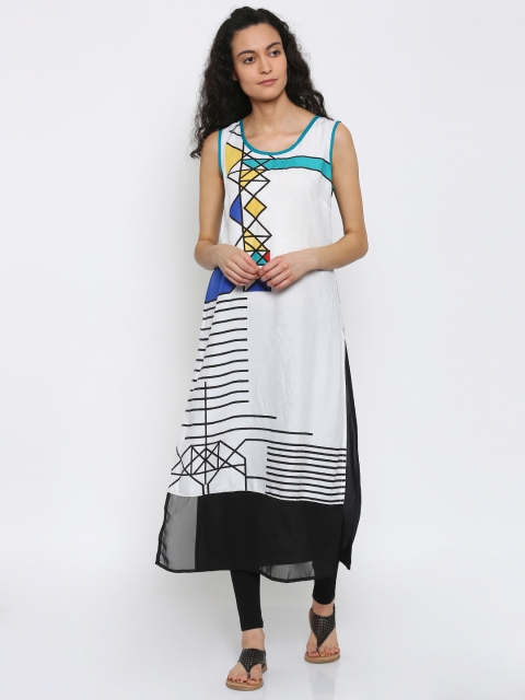 

RANGMANCH BY PANTALOONS Women Off-White & Black Printed A-Line Kurta