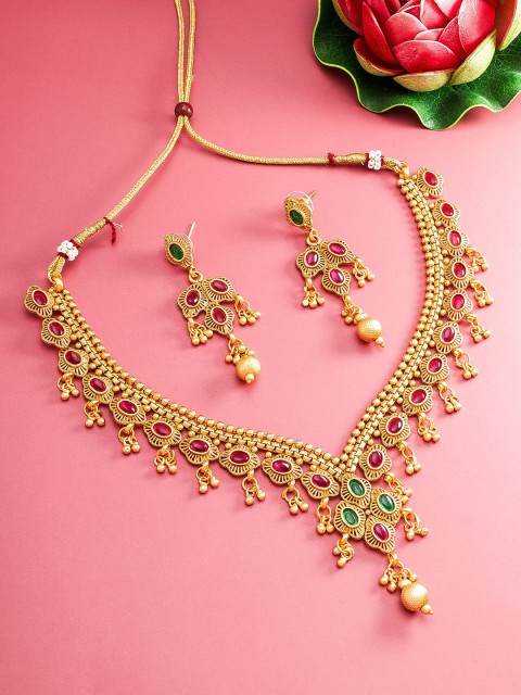 

aadita Gold-Plated & Red Temple Jewelry Set
