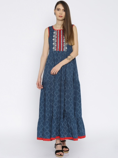 

TRISHAA BY PANTALOONS Women Blue Printed Slim Fit Tiered A-Line Kurta