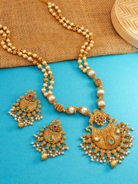 

Aadita Gold Toned Temple Choker Pearls Jewellery Set