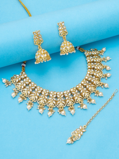 

aadita Gold-Toned Temple Pearls Choker Jewellery Set with Mang Tika