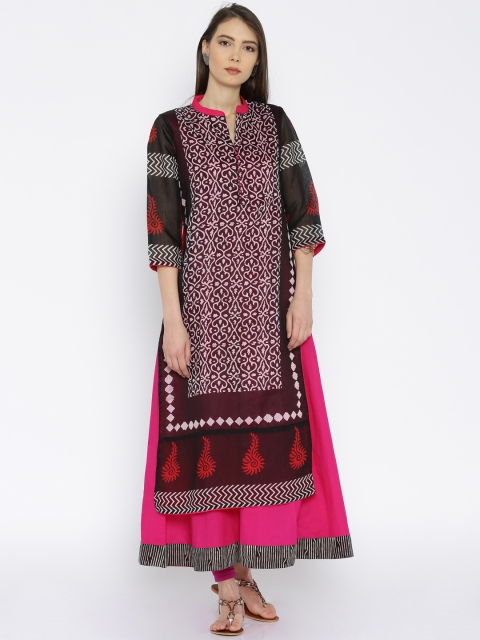 

TRISHAA BY PANTALOONS Women Pink & Black Printed Slim Fit A-Line Kurta