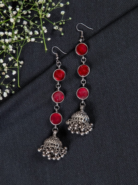 

creyons by mansi Silver-Toned & Red Oxidized Classic Jhumkas Earrings