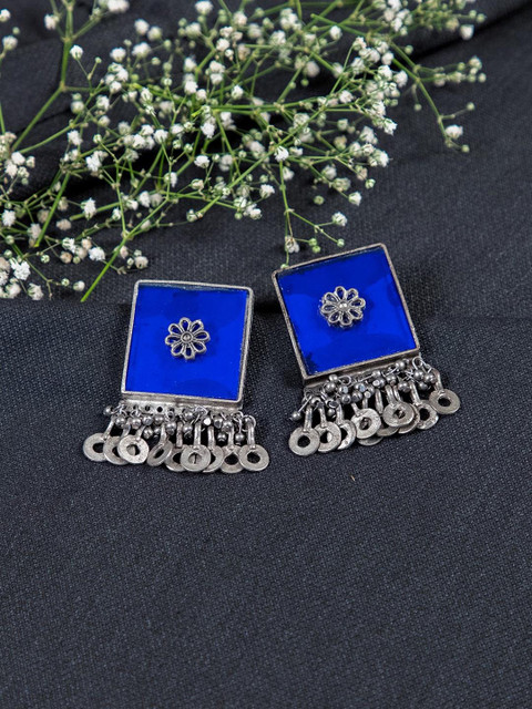 

creyons by mansi Silver-Toned & Blue Square Drop Earrings