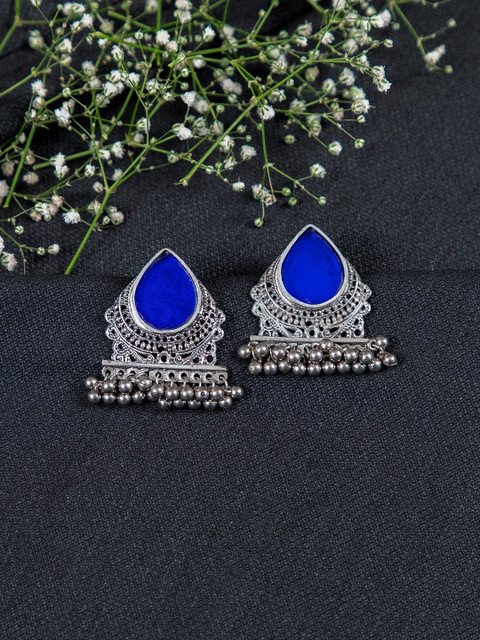 

creyons by mansi Blue & Silver-Toned Teardrop Shaped Drop Earrings