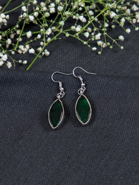 

creyons by mansi Silver-Toned & Green Oval Drop Earrings