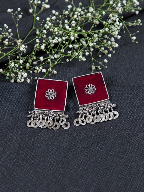 

creyons by mansi Silver-Toned & Red Square Drop Earrings