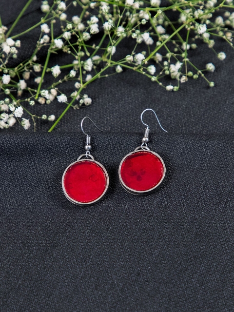 

creyons by mansi Silver-Toned & Red Circular Drop Earrings