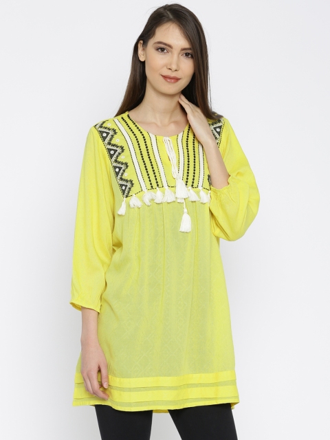 

AKKRITI BY PANTALOONS Yellow Embroidered Tunic