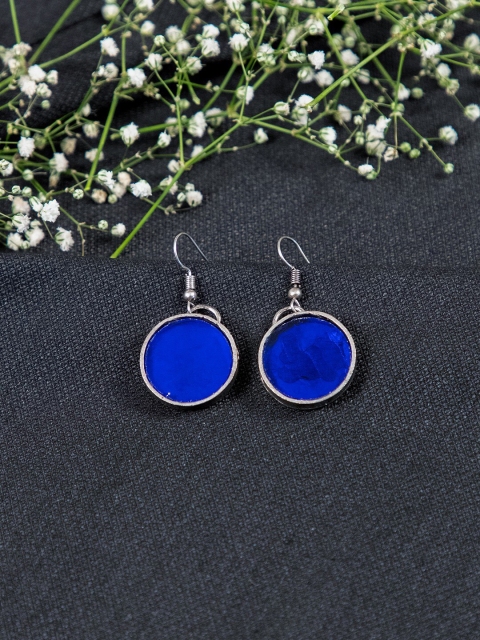 

creyons by mansi Silver-Toned & Blue Glasswork Circular Drop Earrings