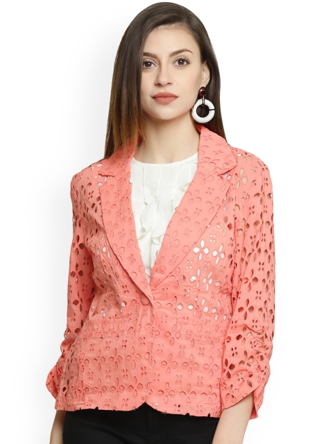 

250 DESIGNS Women Orange Self-Design Pure Cotton Single-Breasted Casual Blazer