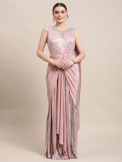 

Grancy Pink & Silver-Toned Embellished Beads and Stones Ready to Wear Saree