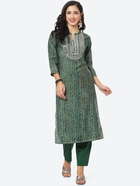 

Meena Bazaar Women Green Bandhani Printed Kurta with Trousers