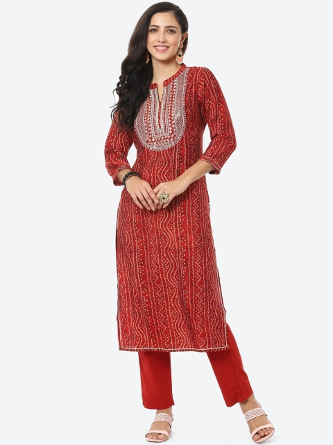

Meena Bazaar Women Red Bandhani Yoke Design Thread Work Kurta with Pyjamas