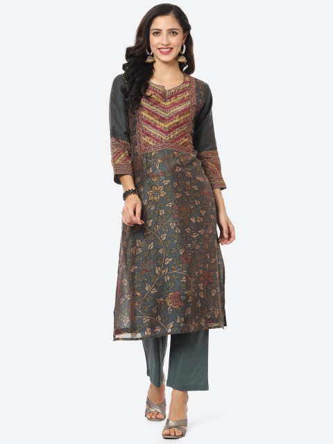 

Meena Bazaar Women Grey Floral Printed Chanderi Silk Kurti with Trousers