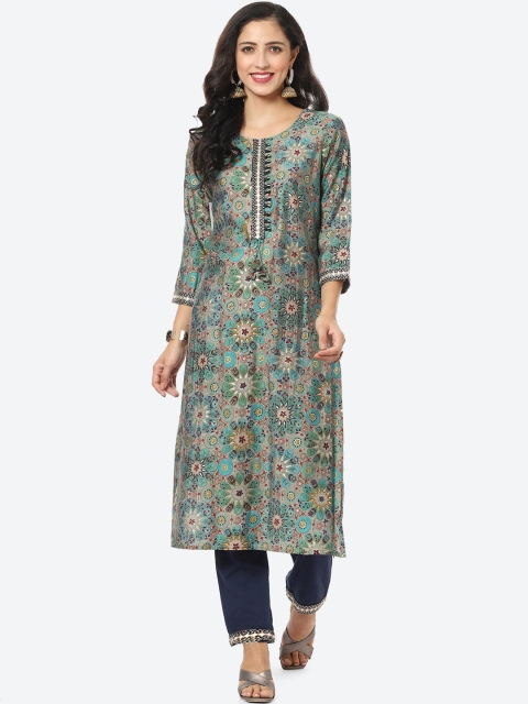 

Meena Bazaar Women Green Floral Printed Kurta with Trousers
