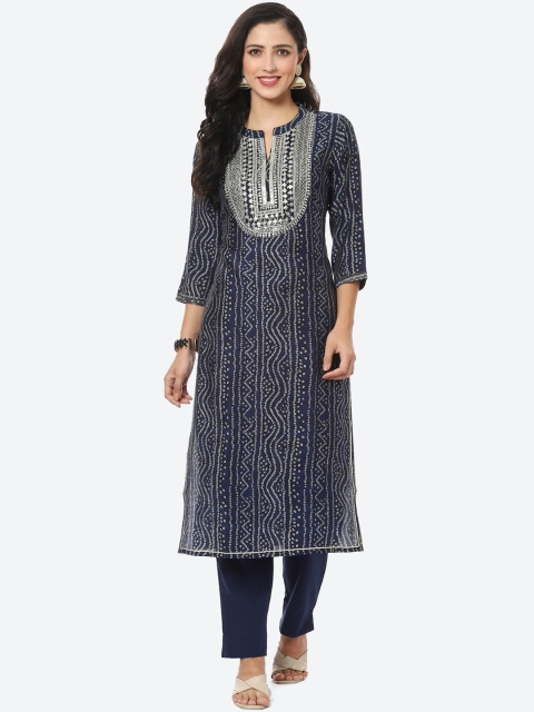 

Meena Bazaar Women Navy Blue Bandhani Printed Thread Work Kurta with Trousers