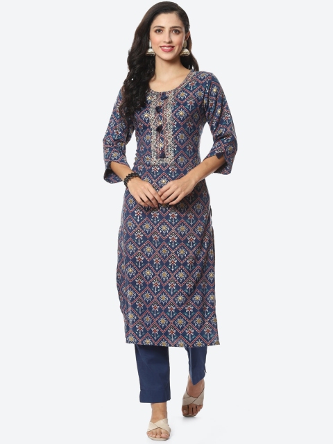 

Meena Bazaar Women Navy Blue Printed Pure Cotton Kurta with Trousers