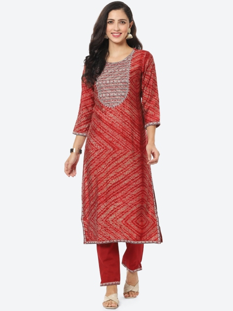

Meena Bazaar Women Red Yoke Design Kurta with Trousers